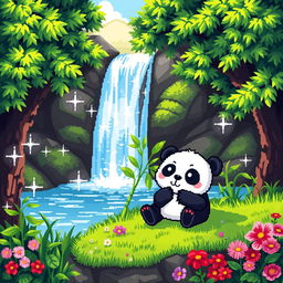 A colorful pixel art scene depicting a cute panda contentedly eating bamboo near a gentle waterfall