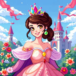 A captivating pixel art representation of a princess, designed with intricate details and vibrant colors