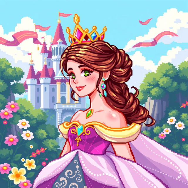 A captivating pixel art representation of a princess, designed with intricate details and vibrant colors