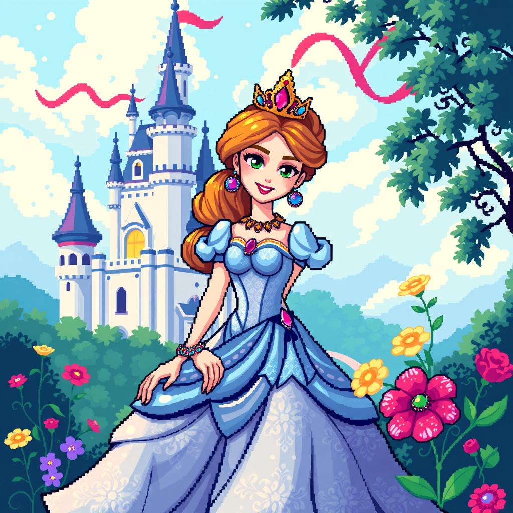 A captivating pixel art representation of a princess, designed with intricate details and vibrant colors