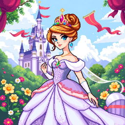 A captivating pixel art representation of a princess, designed with intricate details and vibrant colors