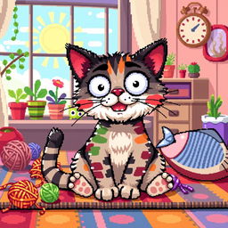 A whimsical pixel art depiction of a funny cat with exaggerated features, such as oversized eyes and a quirky expression