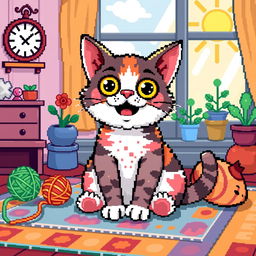 A whimsical pixel art depiction of a funny cat with exaggerated features, such as oversized eyes and a quirky expression