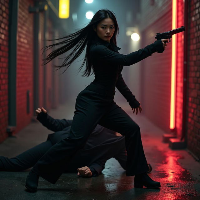 A seductive Chinese female secret agent in the midst of an intense battle, expertly taking down an opponent