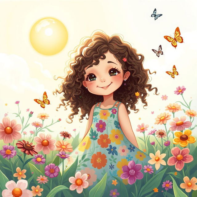 A whimsical and enchanting illustration of a young girl with long curly hair, inspired by the aesthetic of Carol G