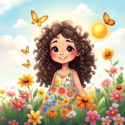 A whimsical and enchanting illustration of a young girl with long curly hair, inspired by the aesthetic of Carol G