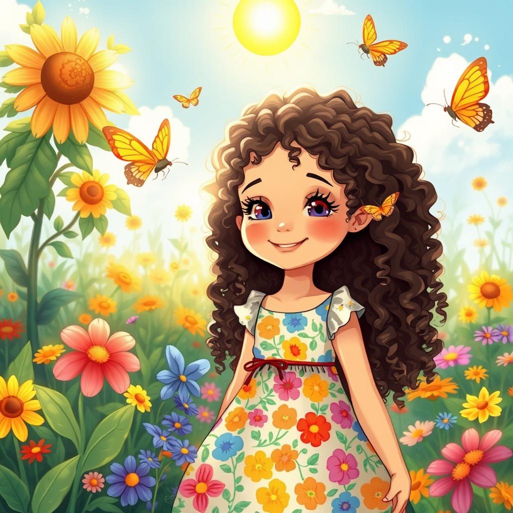 A whimsical and enchanting illustration of a young girl with long curly hair, inspired by the aesthetic of Carol G