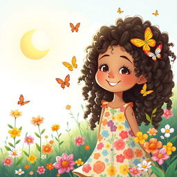 A whimsical and enchanting illustration of a young girl with long curly hair, inspired by the aesthetic of Carol G