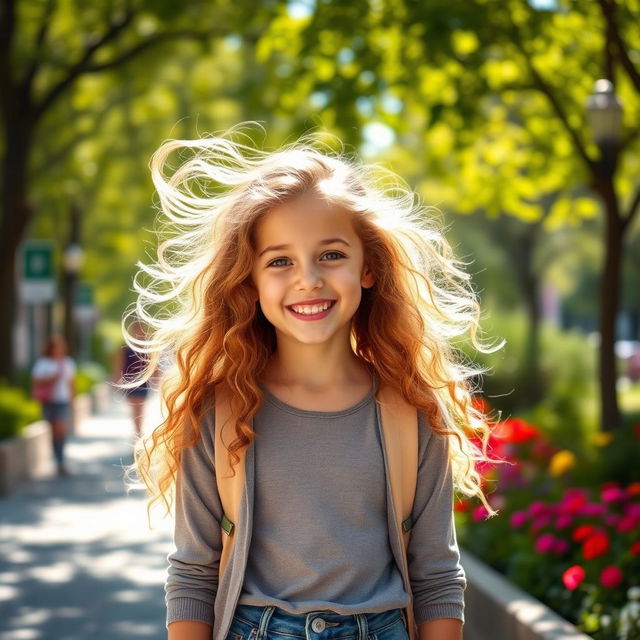 A realistic portrait of a young girl resembling the daughter of Carol G, with long, flowing curly hair