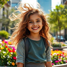 A realistic portrait of a young girl resembling the daughter of Carol G, with long, flowing curly hair