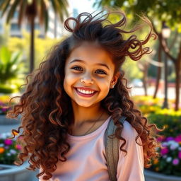 A realistic portrait of a young girl resembling the daughter of Carol G, with long, flowing curly hair