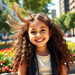 A realistic portrait of a young girl resembling the daughter of Carol G, with long, flowing curly hair