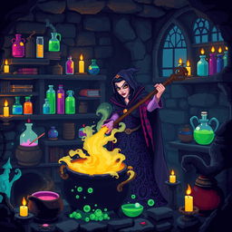 A captivating pixel art scene featuring an evil queen brewing a mysterious potion in her dark, enchanted lair