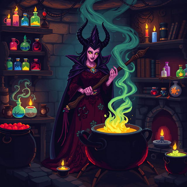 A captivating pixel art scene featuring an evil queen brewing a mysterious potion in her dark, enchanted lair