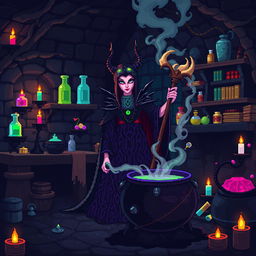 A captivating pixel art scene featuring an evil queen brewing a mysterious potion in her dark, enchanted lair