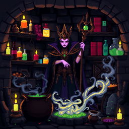 A captivating pixel art scene featuring an evil queen brewing a mysterious potion in her dark, enchanted lair