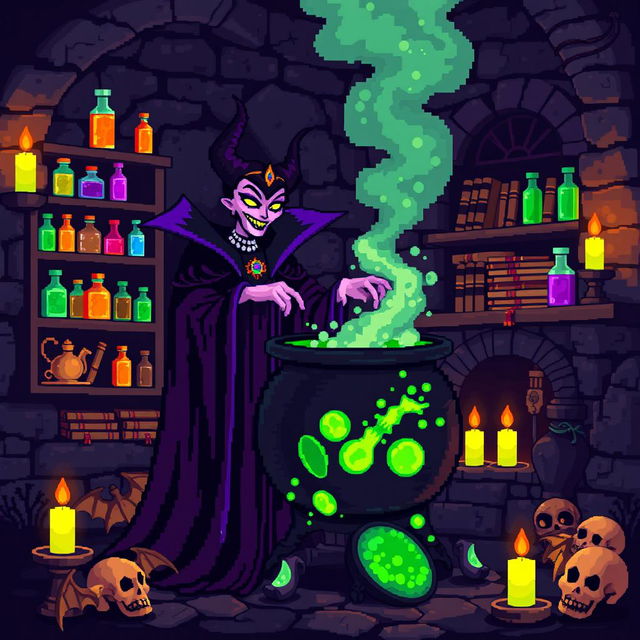 A vibrant pixel art scene showcasing an evil queen brewing a potion in her dark and mysterious lair