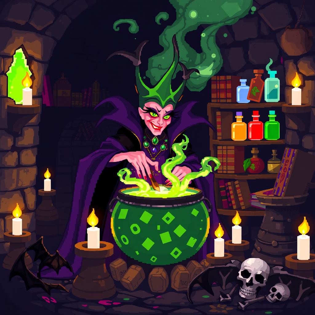 A vibrant pixel art scene showcasing an evil queen brewing a potion in her dark and mysterious lair