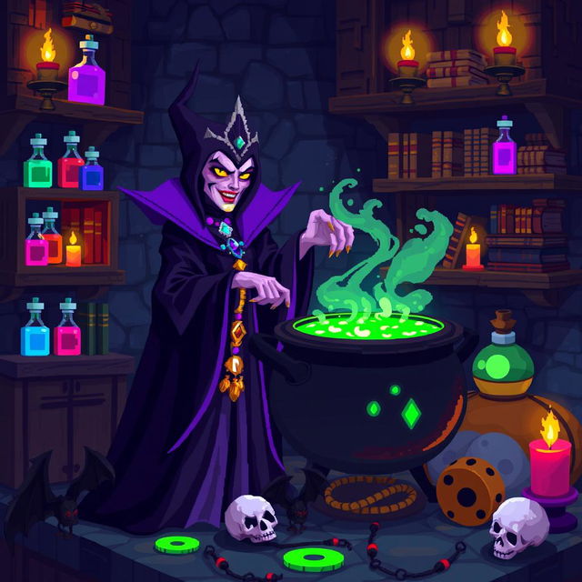 A vibrant pixel art scene showcasing an evil queen brewing a potion in her dark and mysterious lair