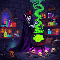 A vibrant pixel art scene showcasing an evil queen brewing a potion in her dark and mysterious lair