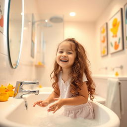 A realistic scene set in a modern bathroom, featuring a young girl playfully interacting in a cheerful and innocent manner