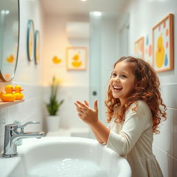 A realistic scene set in a modern bathroom, featuring a young girl playfully interacting in a cheerful and innocent manner