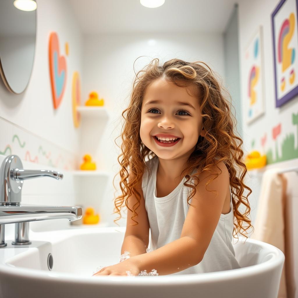 A realistic scene set in a modern bathroom, featuring a young girl playfully interacting in a cheerful and innocent manner