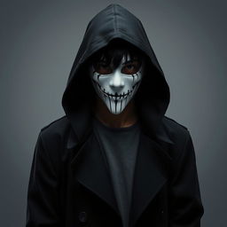 A 23-year-old Japanese man shrouded in mystery, wearing a hood that conceals his medium-length jet-black hair