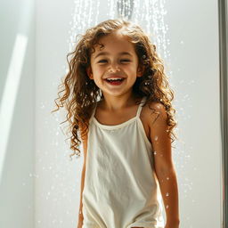 A realistic scene of a young girl with long, curly hair standing in a modern shower, wearing light-colored clothes that are wet and clinging gently to her