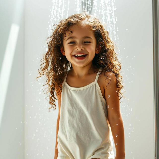 A realistic scene of a young girl with long, curly hair standing in a modern shower, wearing light-colored clothes that are wet and clinging gently to her
