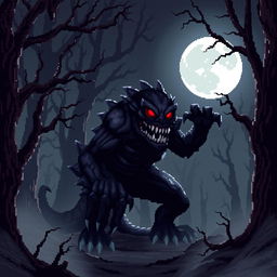 An eerie pixel art scene featuring a scary monster lurking in a dimly lit forest