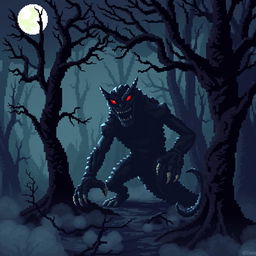 An eerie pixel art scene featuring a scary monster lurking in a dimly lit forest