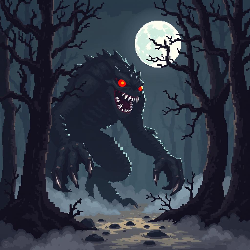 An eerie pixel art scene featuring a scary monster lurking in a dimly lit forest