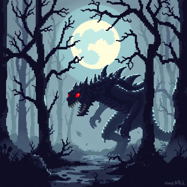 An eerie pixel art scene featuring a scary monster lurking in a dimly lit forest