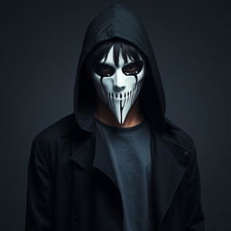 A 23-year-old Japanese man shrouded in mystery, wearing a hood that conceals his medium-length jet-black hair