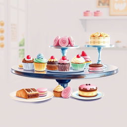 A beautiful display of delicious desserts including cupcakes, macarons, and pastries artistically arranged on an elegant table