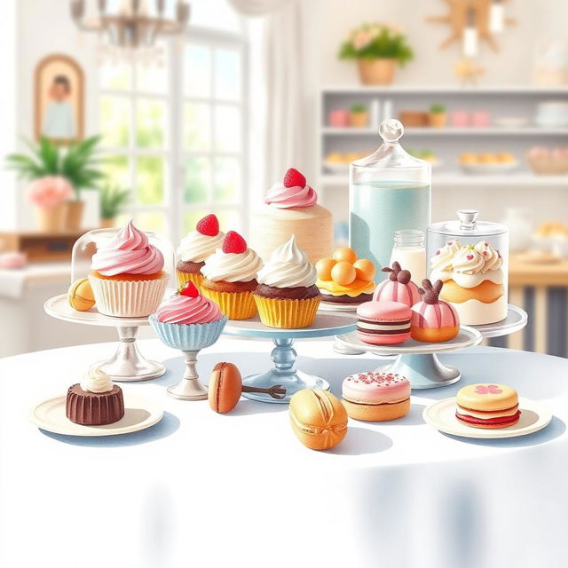 A beautiful display of delicious desserts including cupcakes, macarons, and pastries artistically arranged on an elegant table