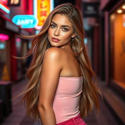 A stunning young woman with long, flowing hair and captivating features, wearing a stylish, form-fitting outfit that accentuates her curves