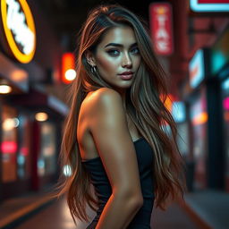 A stunning young woman with long, flowing hair and captivating features, wearing a stylish, form-fitting outfit that accentuates her curves