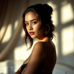 A sensual and artistic portrayal of a confident young woman in a tastefully shot scene, capturing the essence of self-exploration and empowerment