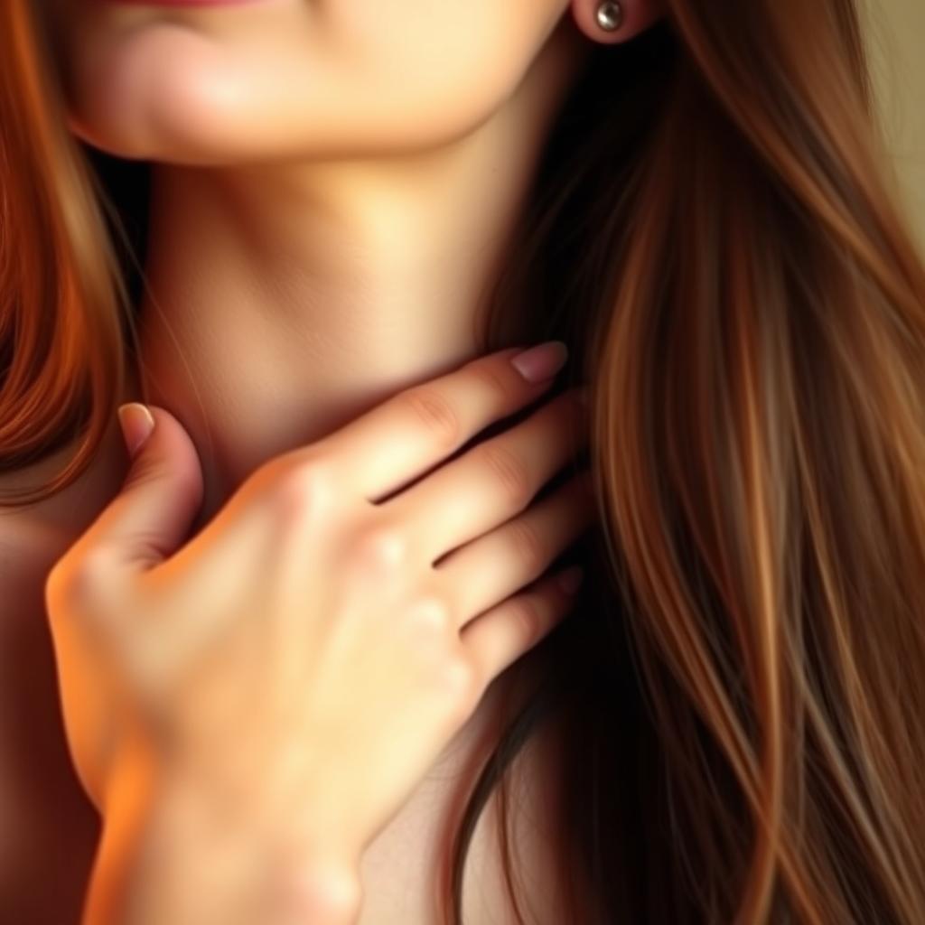 A close-up image of a hand gently touching a woman's neck, conveying a sense of intimacy and tenderness