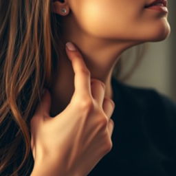 A close-up image of a hand gently touching a woman's neck, conveying a sense of intimacy and tenderness