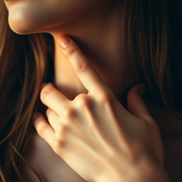 A close-up image of a hand gently touching a woman's neck, conveying a sense of intimacy and tenderness
