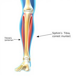 A detailed anatomical illustration showing the human lower leg, highlighting the tibialis anterior and the tibia