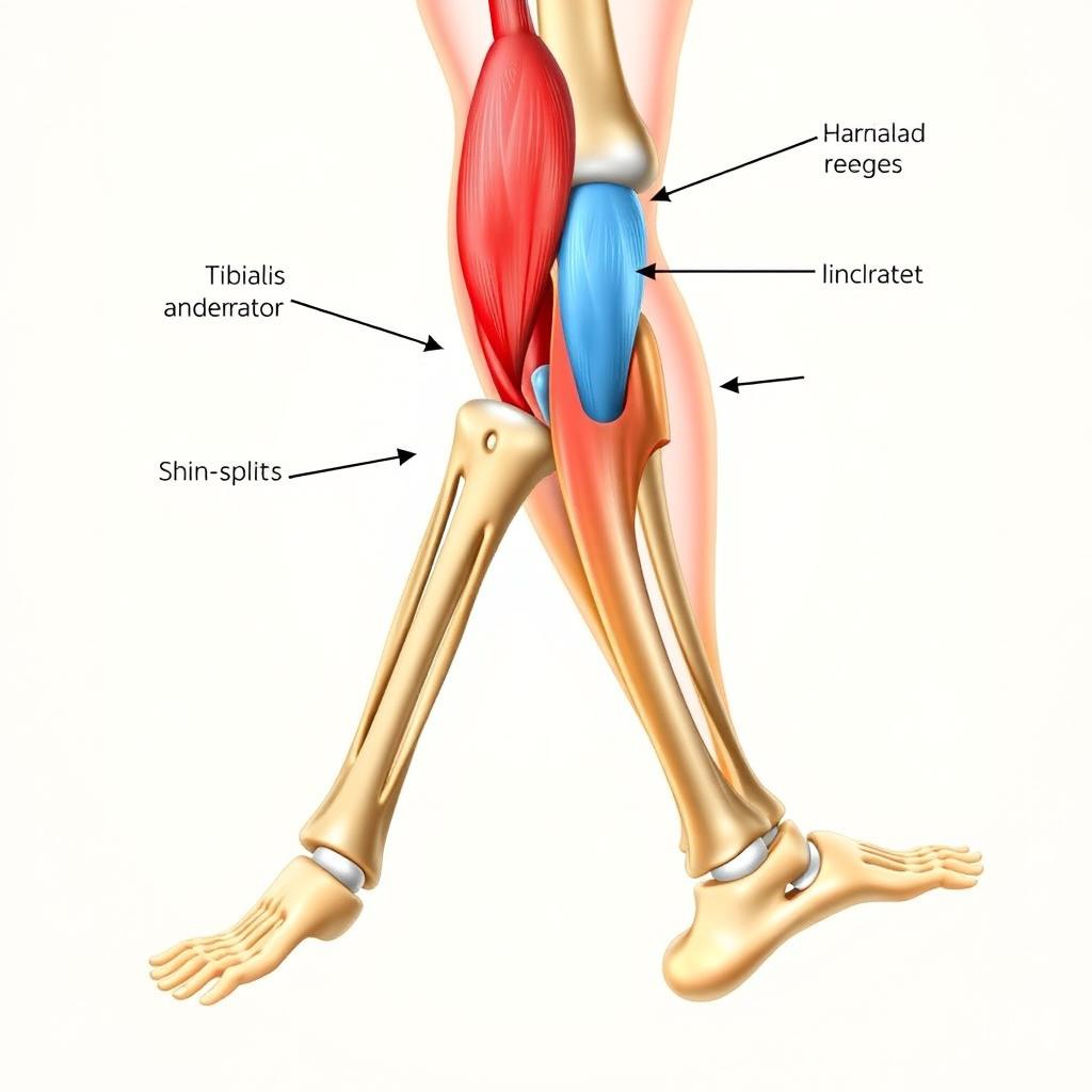 A detailed anatomical illustration showing the human lower leg, highlighting the tibialis anterior and the tibia