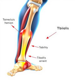 A detailed anatomical illustration showing the human lower leg, highlighting the tibialis anterior and the tibia