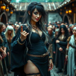A captivating medieval scene featuring a beautiful 18-year-old girl with a thin face and curvy figure