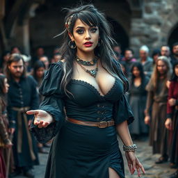 A captivating medieval scene featuring a beautiful 18-year-old girl with a thin face and curvy figure