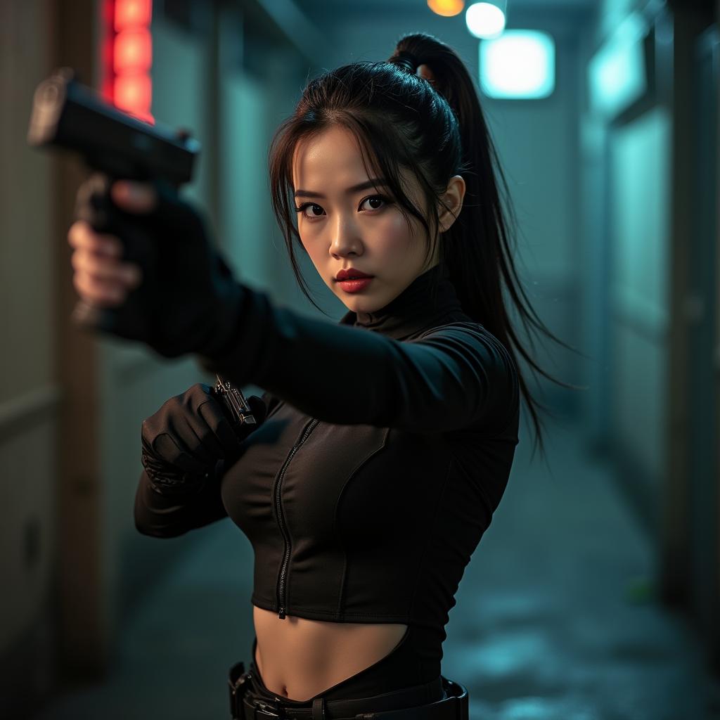 An alluring Chinese female secret agent engaged in a dynamic combat scene, striking down her opponent with confidence and style