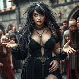 A stunning medieval scene capturing a beautiful 18-year-old girl with a thin face and curvy figure